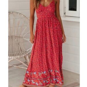 Red Boho Floral Maxi Dress